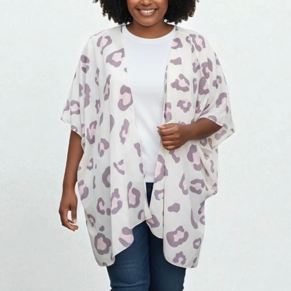 2/$15 Chic Soul Leopard Print Kimono Purple Sheer Plus Size 1X